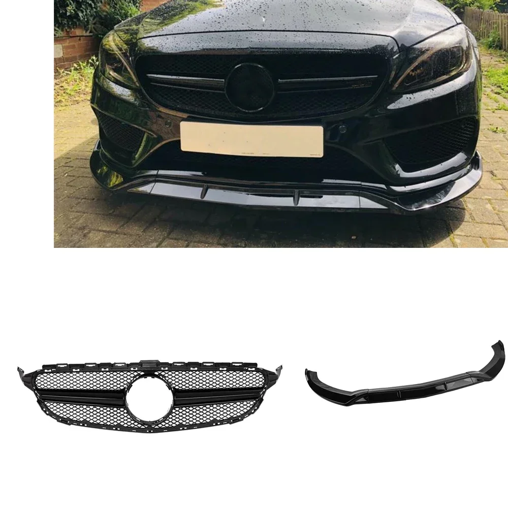 

New！ For Mercedes Benz C Class W205 2015-2018 Sport C200 C250 AMG Style Black Front Grille Grill+Lower Bumper Spoiler Lip Splitt