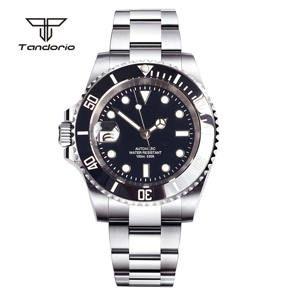 Tandorio Left-Handed 40mm Steel Automatic Watch for Men Sapphire Crystal Date Luminous Mechanical Wristwatch Ceramic Bezel