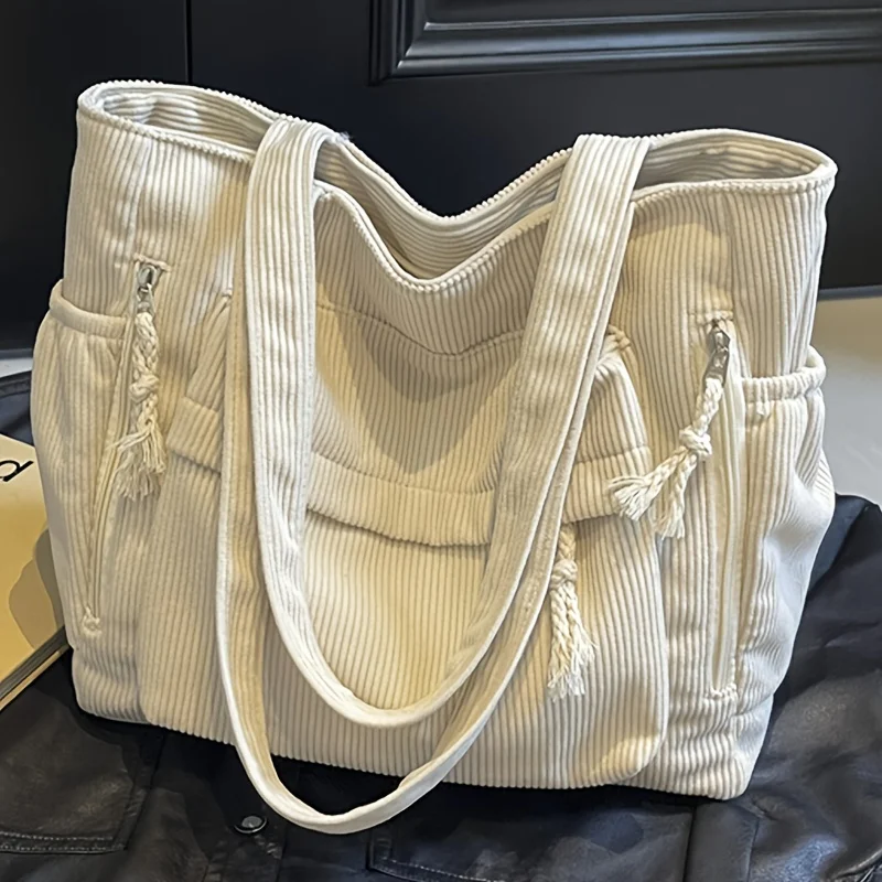 

Women's Large Capacity Corduroy Tote Bag - Heavy-Duty Multi-Compartment Handbag with Fixed Strap & Zipper Closure