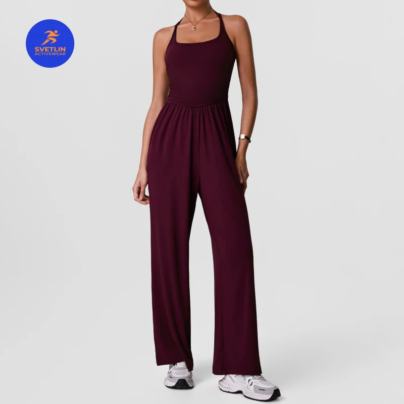 SVETLIN EU US Size Top Quality Crossborder Halter Hollow Back Yoga Jumpsuit Slimming Wide Leg Bodysuit Built In Pads Women