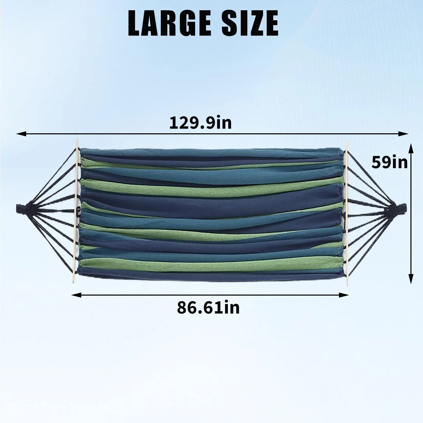Extra Large Double Hammock 2 Person Heavy Duty Canvas Portable Outdoor Hammock with Anti-Roll Wood Spreader Bars Tree Ropes Storage Bag 500lbs Capacity for Camping Patio Backyard Beach Blue Green Striped