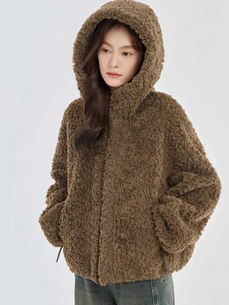 Veste en laine d'agneau à capuche pour femme, pardessus court, optique d'hiver, marron chaud, fermeture éclair basique, manteau ours, Ulzzang Oupillar