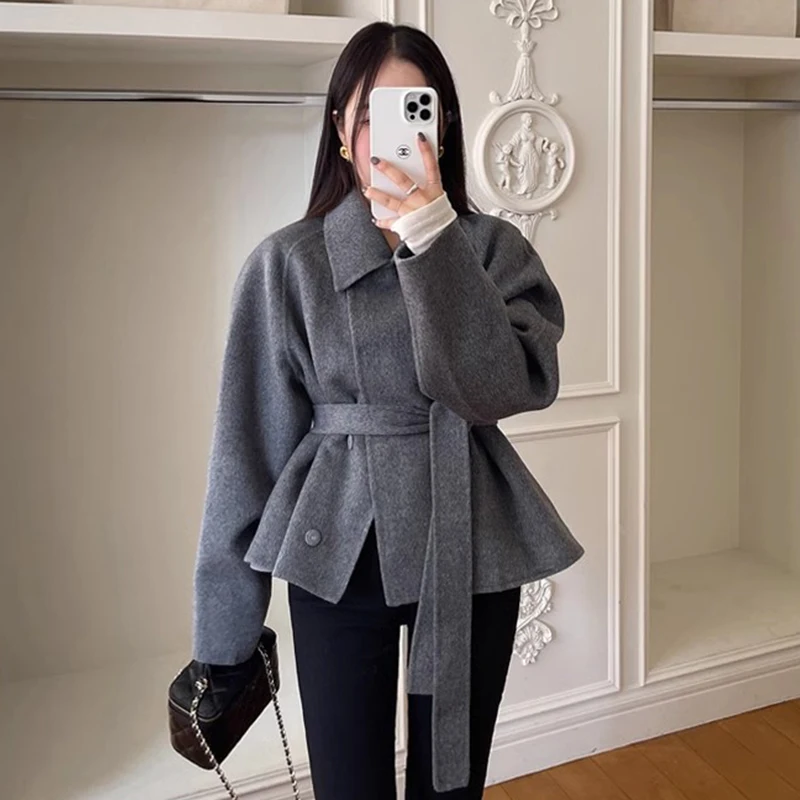 エレガントな冬のウールコートの女性の長袖ウエストシンチベルト付きシングルボタンシックな小さいサイズ多用途ファッショナブルなアウターウェア