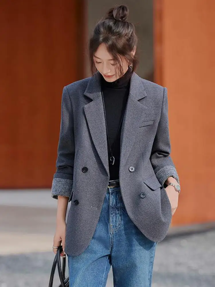 

Korean Fashion Women Black Grey Patchwork Elegant Workwear Blazer Coat Autumn Winter Double Breasted Long Sleeve Festival Jacket