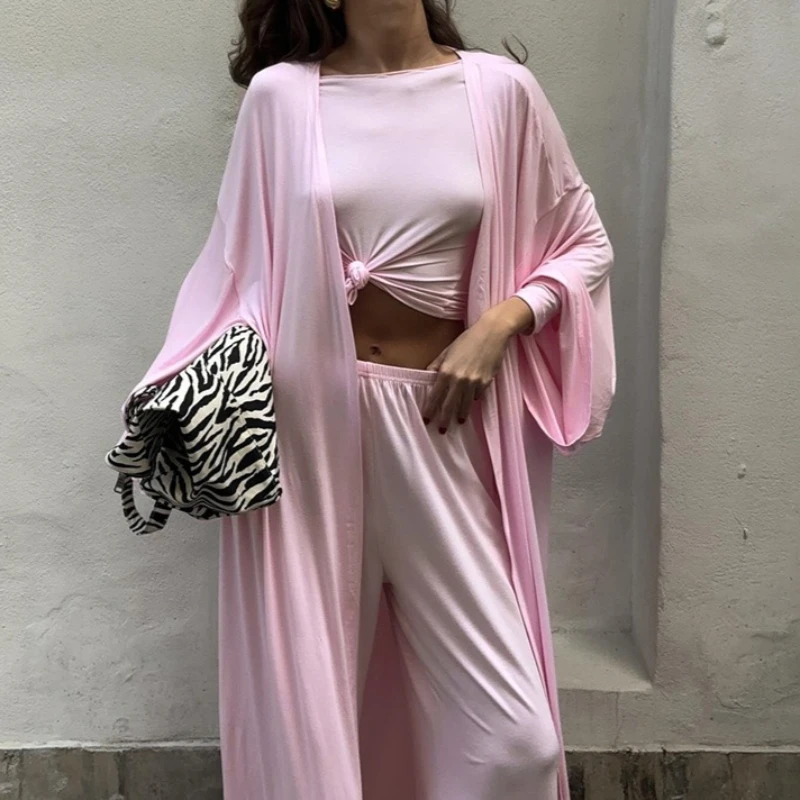 Three Pieces Women Pajama Sets Solid Sleep Set Flare Full Sleeves T Shirt Long Cardigan Wide Leg Pants Loose Casual 2026 Summer