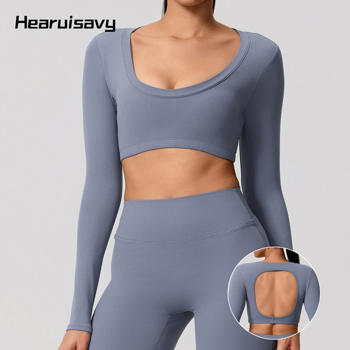 

Hearuisavy женский спортивный топ для фитнеса с длинными рукавами и открытой спиной, эластичный дышащий топ для йоги, рубашка для тренировок с эффектом пуш-ап для бега