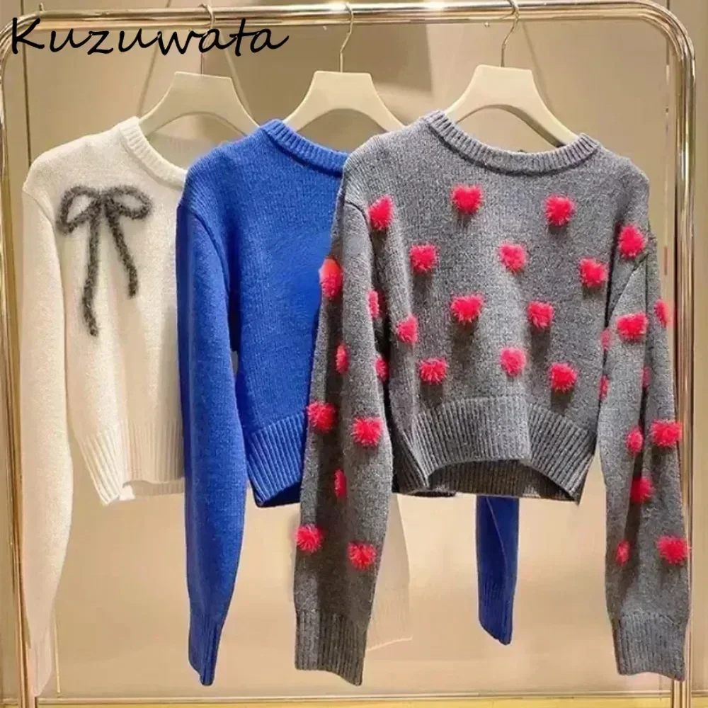 Kuzuwata Minority Sweet O Neck Long Sleeve Sweaters Knit Bow 3D Flower Lovely Knitted Japan All-match Pullover Gentle Pull Femme