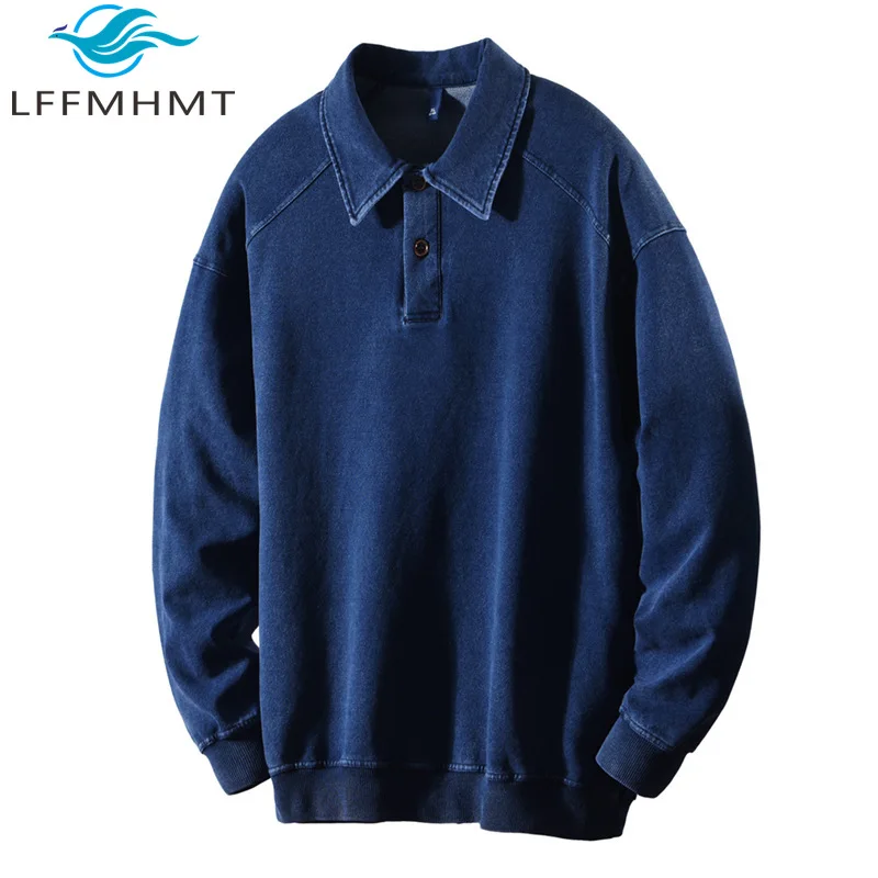 

Z9035 435G/M² Heavyweight Men's Casual Long Sleeve Denim Sweatshirt Solid Color Autumn Winter Fashion Simple Basic Pullovers