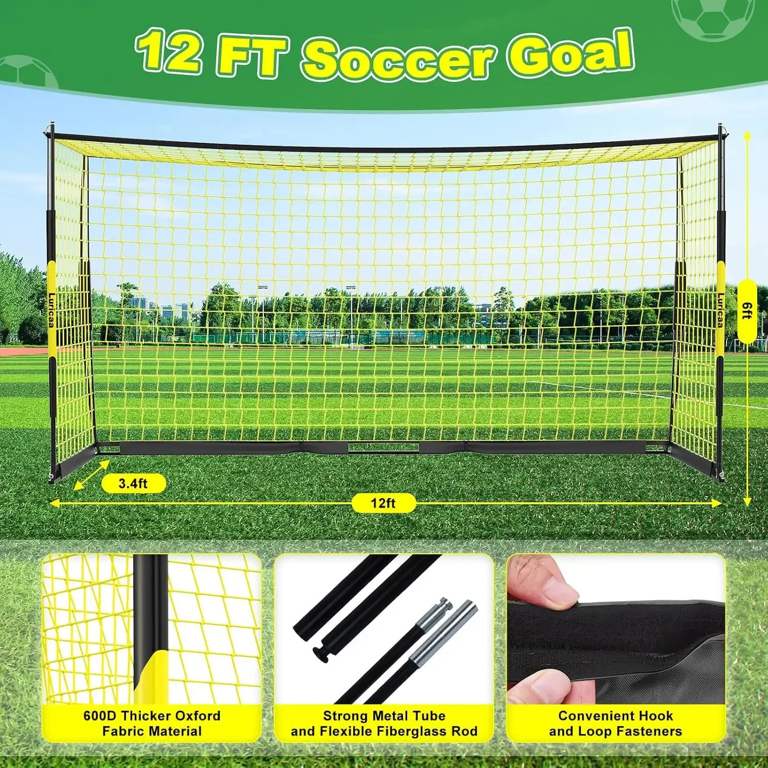 Soccer Goal 12 x 6 ft /16 x 7 ft Portable Soccer Goals Net for Backyard | Quick Setup Training Equipment, with Carry Bag, 4