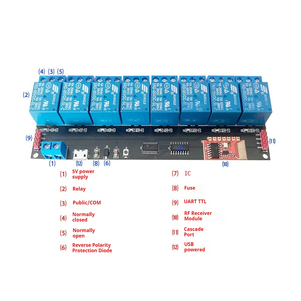 433MHz RF Control Support Self-locking Interlocking Point-and-trip Mode Relay Board DC5V TTL 8-Channel Serial Port Relay Module