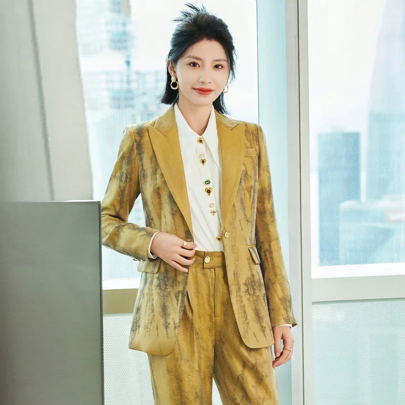 Women Golden Black Formal Pant Suit Autumn Female Tie-dye Blazer and Trouser 2 Piece Set For Office Ladies Winter Work Wear