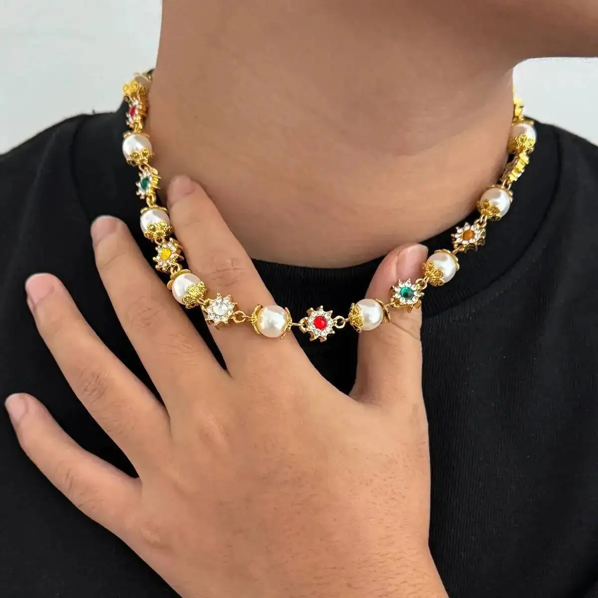 

Men's Luxury Colorful Rhinestone Flower Chain Necklace Hip Hop Imitation Pearl Grunge Choker Steampunk Jewelry Gift