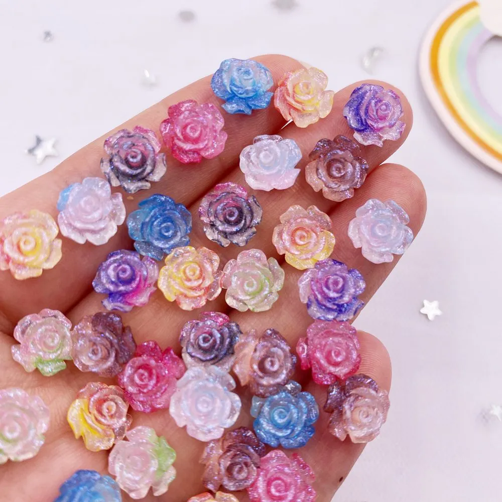 50Pcs 10mm 8mm Resin Glitter Rose Nail Art Flatback Flower Rhinestones Gem DIY Scrapbook Wedding Ornament Appliques Crafts SL802