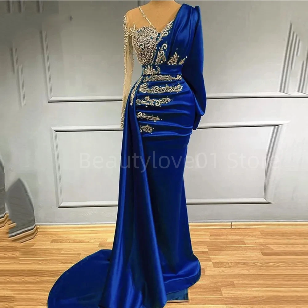 Royal Blue Satin Beads Sweep Train Long Sleeve Evening Dresses for Women Elegantly Pair with Detachable Sexy V-Neck De Soriee