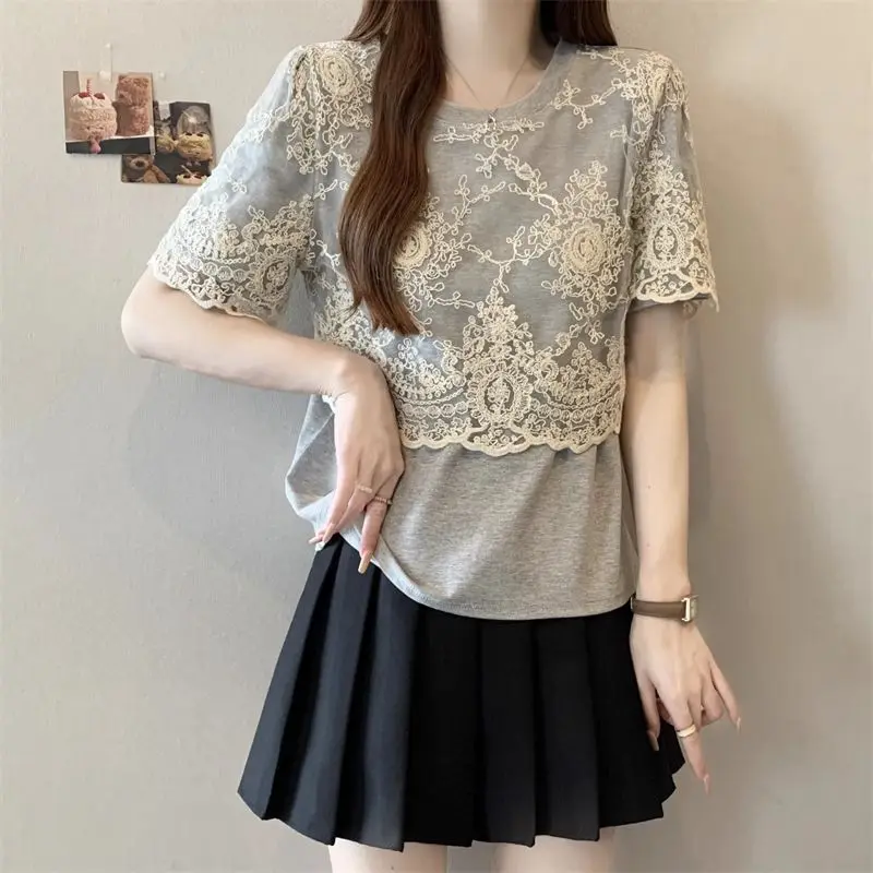 Coreano Sle Lace Splice ey ort Sve T-shirt da donna Estate New Faion Top dimagrante Traspirante Umidità ng