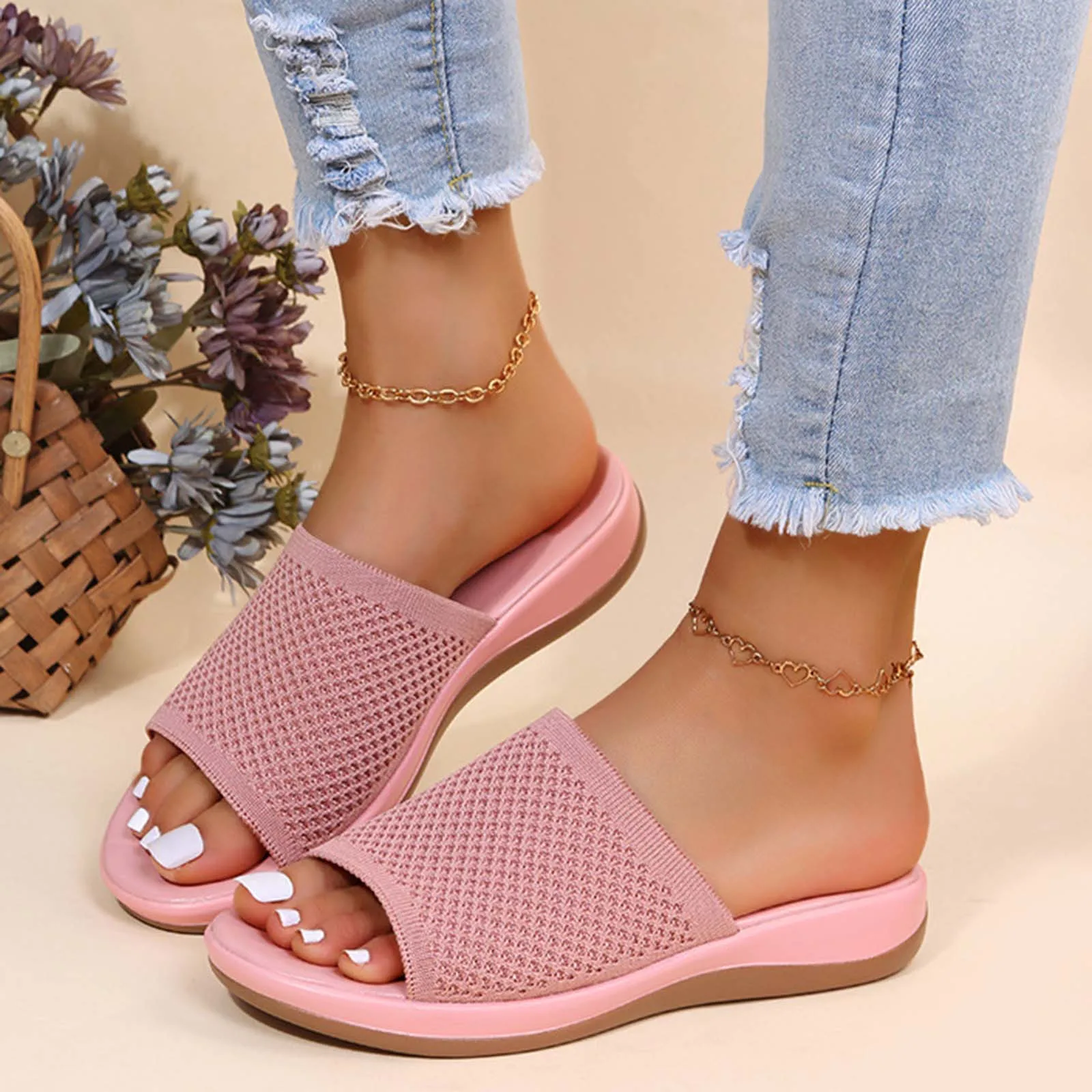 2023 New Summer Flying Woven Slippers Flat Non-slip Casual Breathable Outdoor Indoor Comfortable Women's Slippers Home Shoes