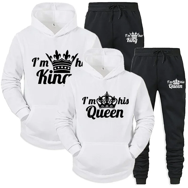 Lover Tracksuit Hoodies Printing QUEEN KING Couple Sweatshirt Hooded Clothes Hoodies Women 2 Piece Set Men Women Sportwear