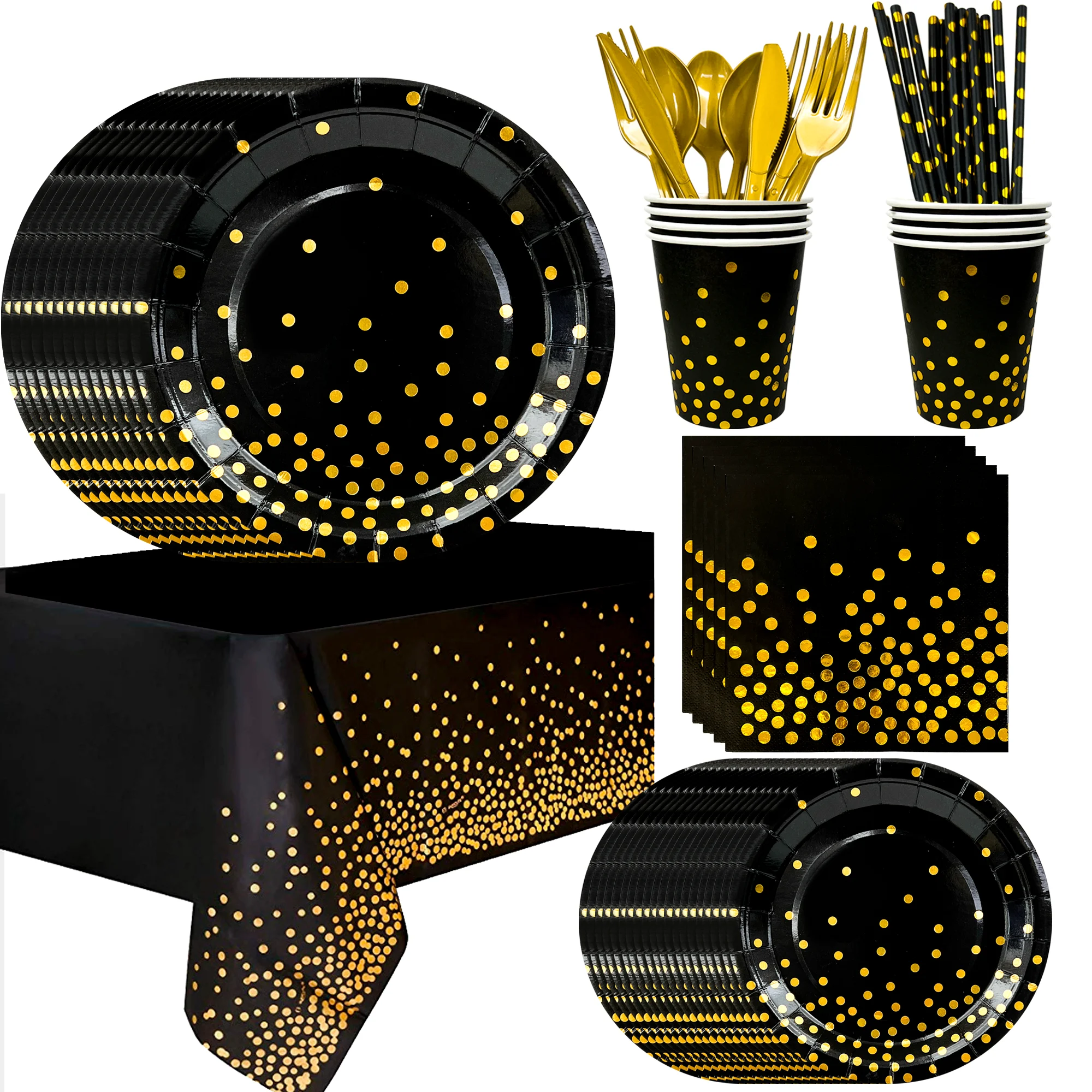 Party Tableware Black Gold,193pcs/24Guests Birthday Party Tableware Set-Paper Plates Black Gold Paper Cups Tablecloth