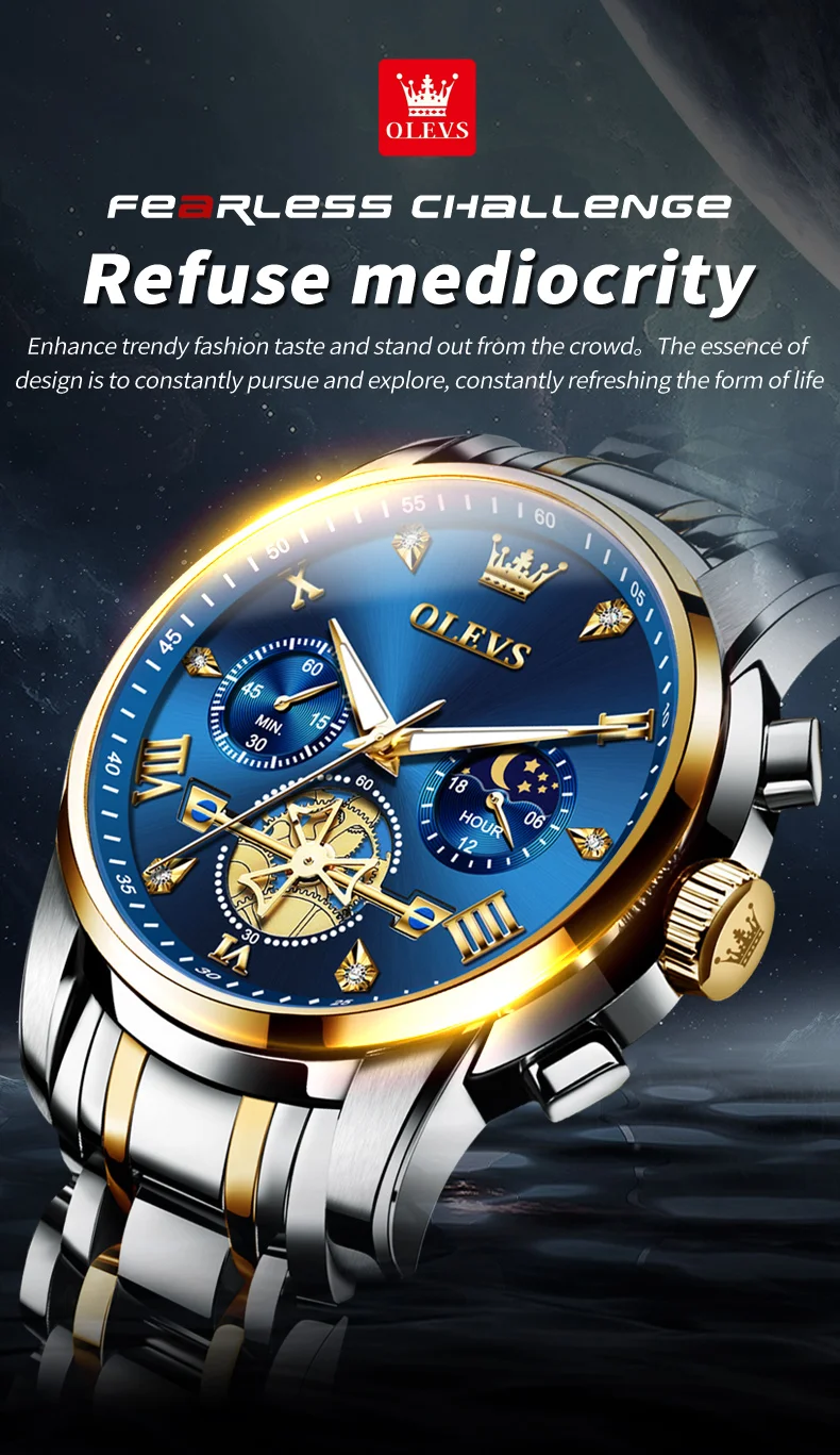OLEVS 2856 Quartz Watch for Men Flywheel Skeleton Chronograph Moon Phase Multifunctional Stainless Steel Men's Wristwatches