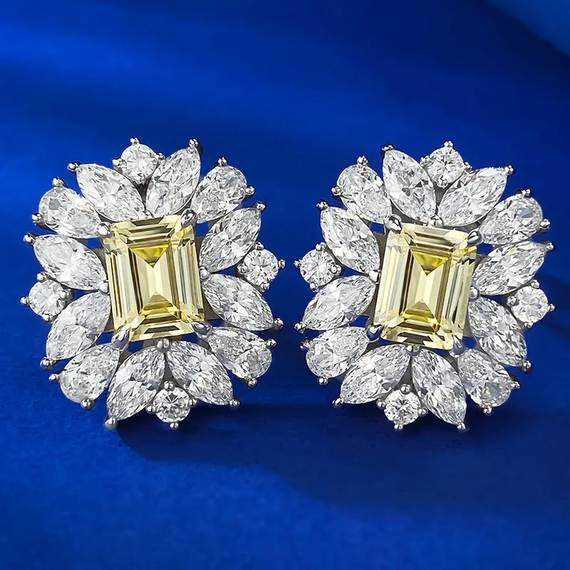 S925 Silver 6 * 8 Yellow Diamond Emerald Cut Earrings Cross border AliExpress Wholesale