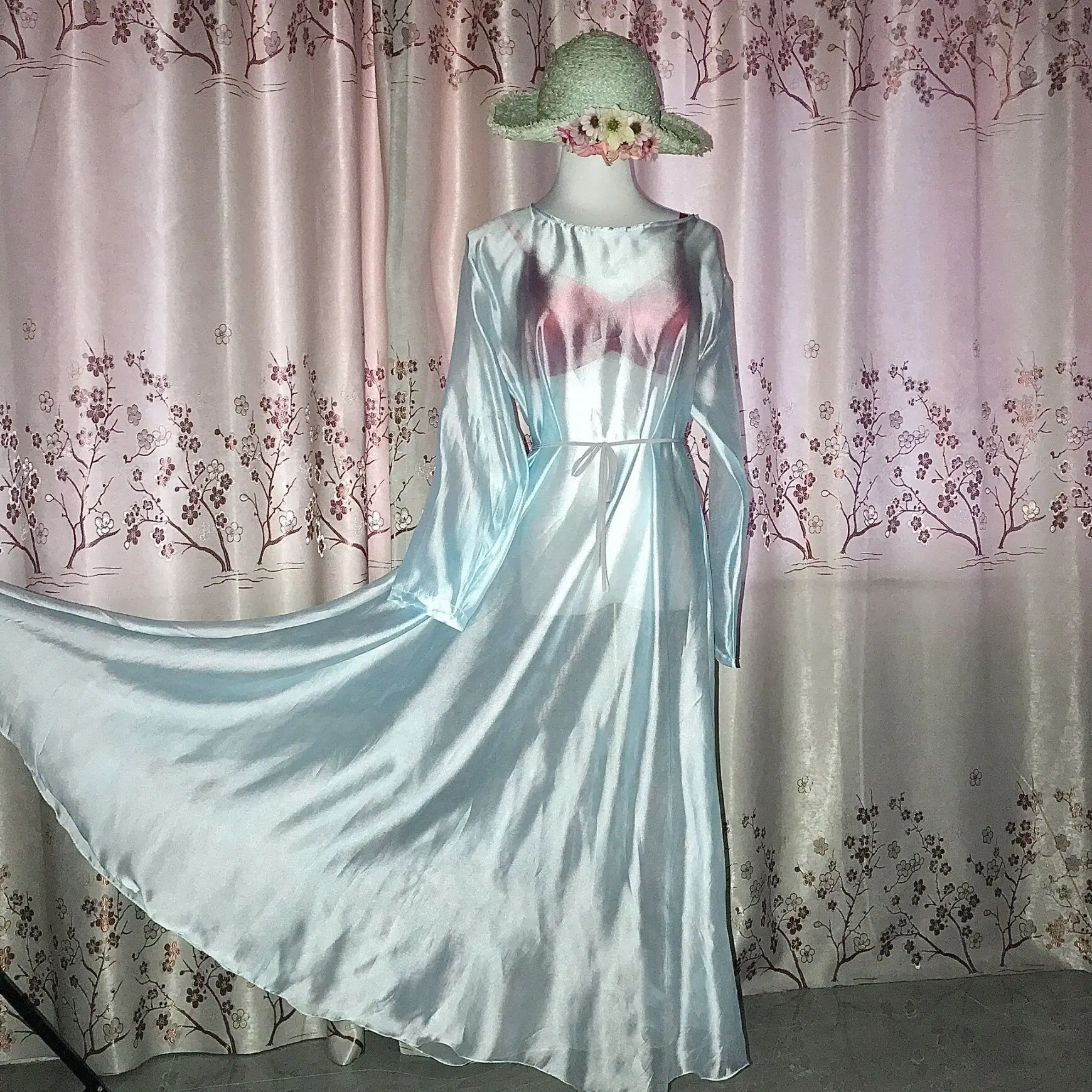 

Glossy Women Ruffles Satin Long Sleeve Dress Loose Maxi Dress Plus Size Sleeping Pajamas Robe