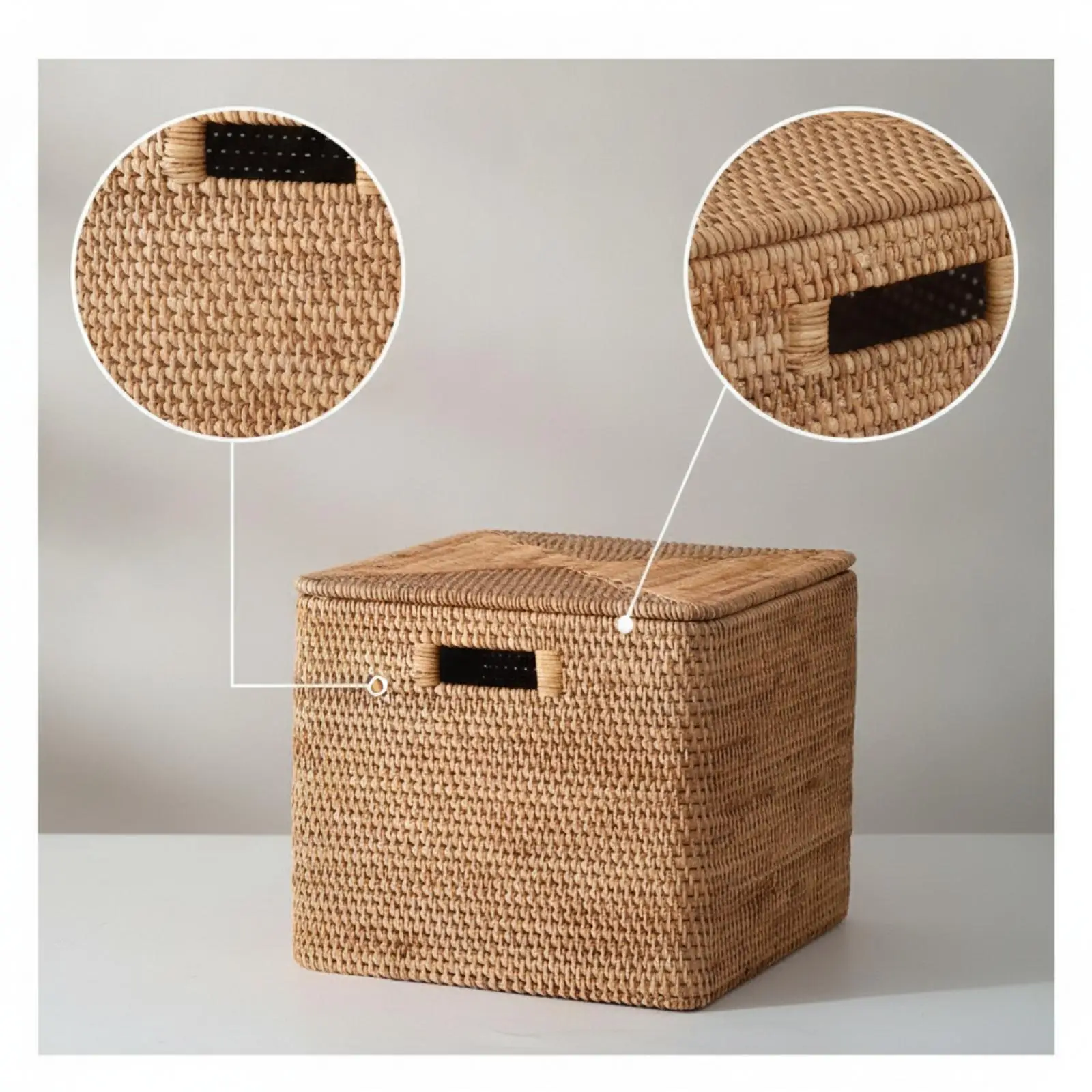 Handwoven Rattan Storage Basket with Lid for Home Organization and Bookshelf Decor