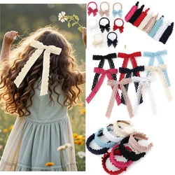 Lace Trim Pleated Hairband Lace bow Knot Hair Clip Elastic Hairband Women's Stylish Hair Accessories