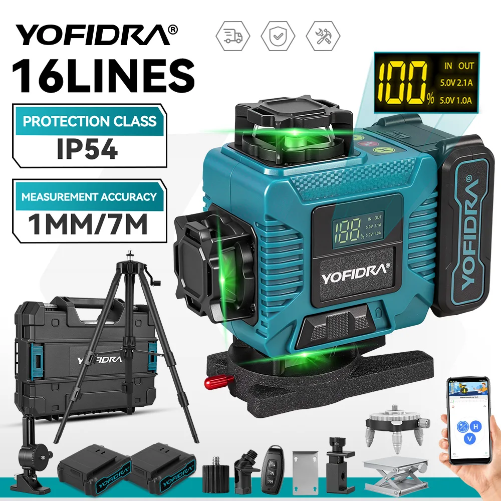 YOFIDRA 16 Linien 4D Laser-Nivelliergerät APP-Fernbedienung 360 Vertikale & Horizontale Laser Professionelles Hochleistungs-Grüner-Strahl-Nivelliergerät