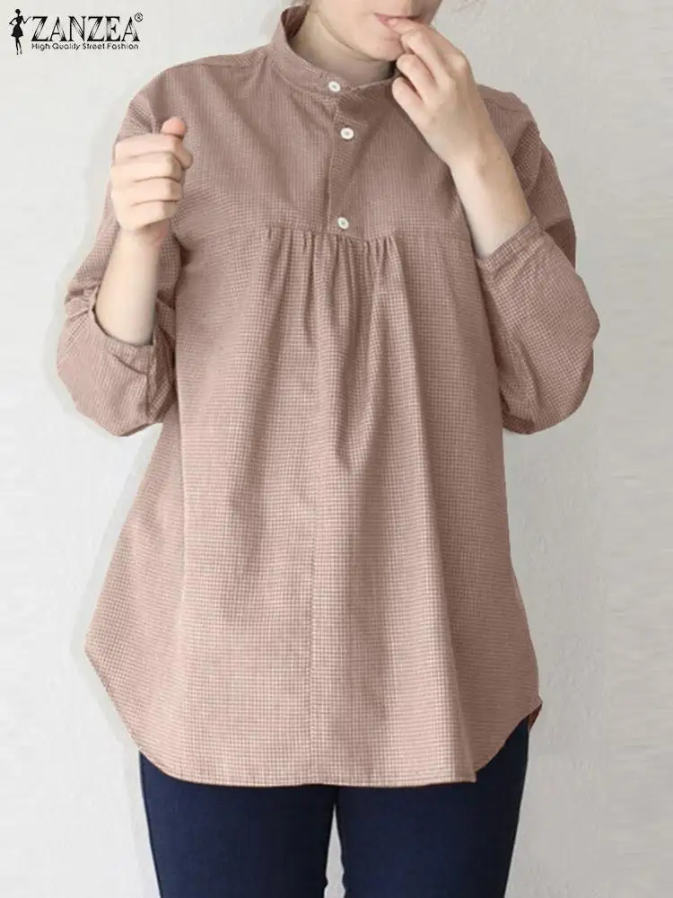 ZANZEA Women Check Blouse 2024 Spring Solid Tops Elegant Simple Casual Loose Pleated Blusas Fashion Stand Collar Buttons Tunic