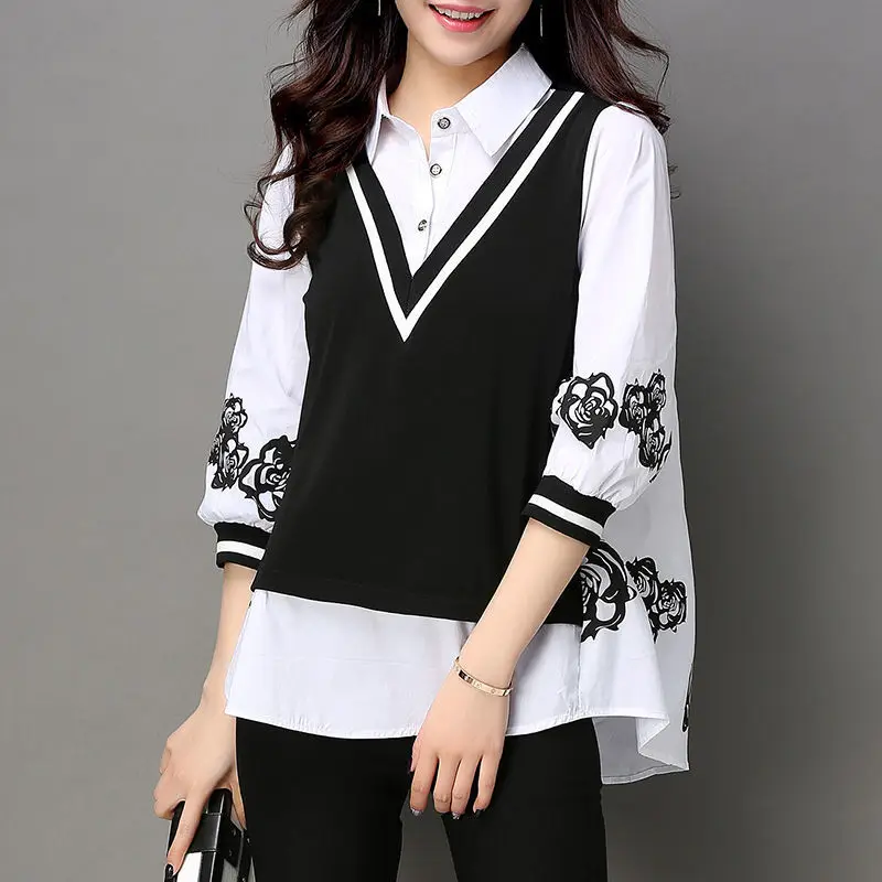 Fashion Loose 3/4 Sleeve Pullovers Ladies Office Lady Turn-down Collar Tops 2023 New Patchwork T-Shirts Buttons Women\'s Clothing