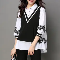 Fashion Loose 3/4 Sleeve Pullovers Ladies Office Lady Turn-down Collar Tops 2023 New Patchwork T-Shirts Buttons Women's Clothing