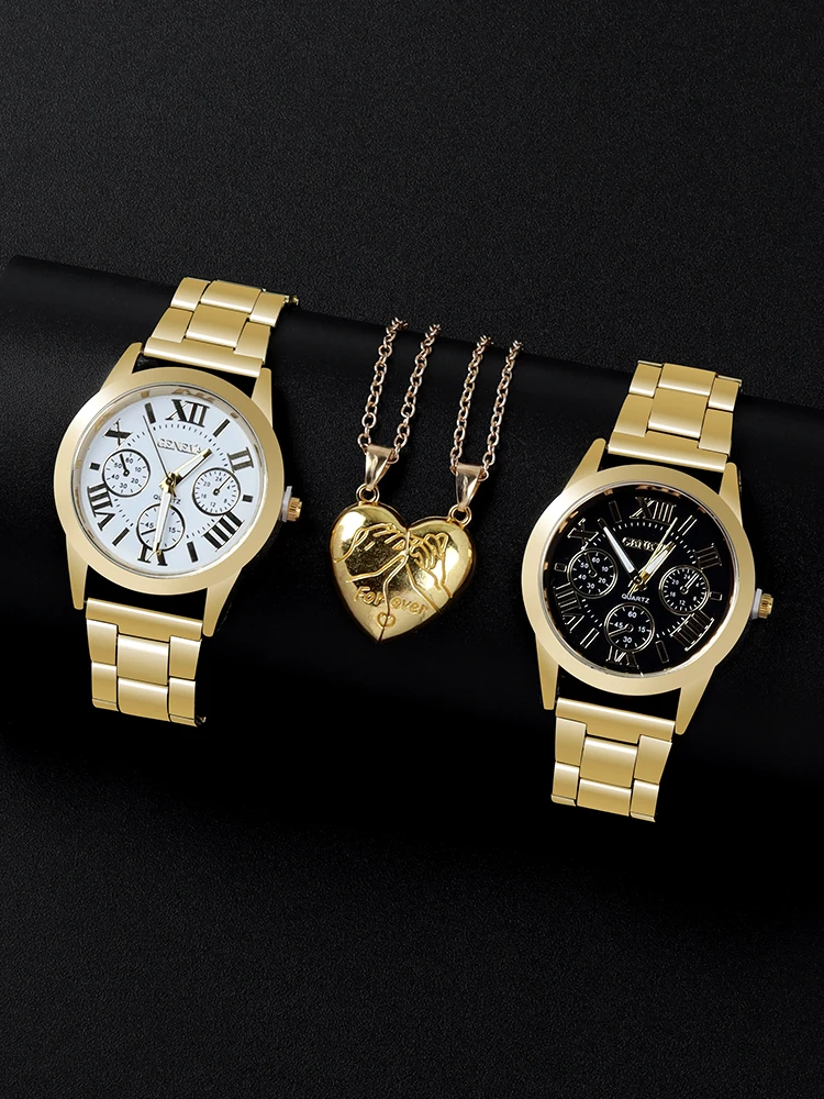 4pcs casual and fashionable couple watches quartz watches, women\'s watches, matched with heart-shaped couple necklace set