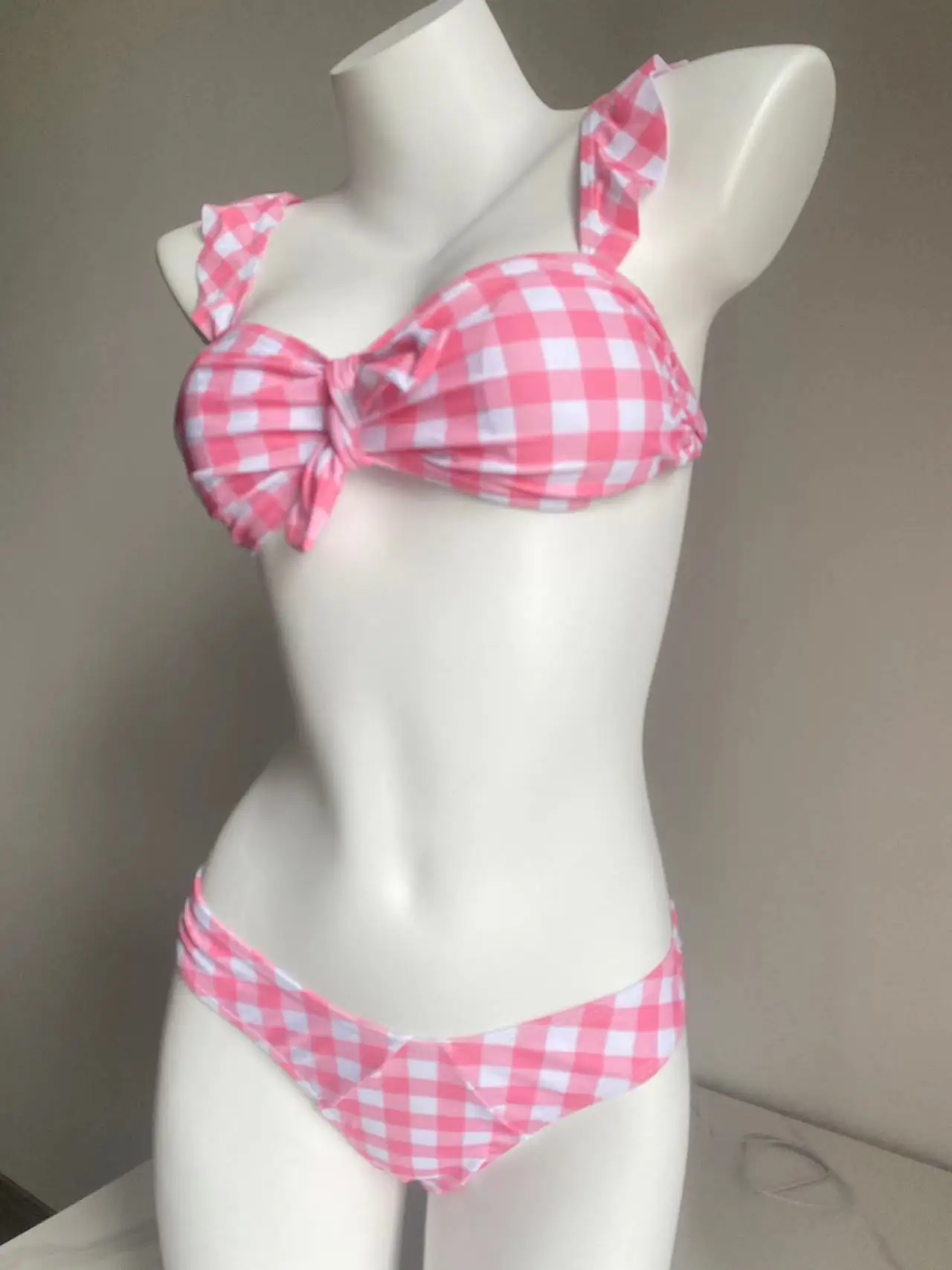 Sexy Pink Plaid Bikini Set Women Push Up Swimsuit Strap 2 Piece Set Swimwear Women Bathing Suit Bow Top Biquini Female