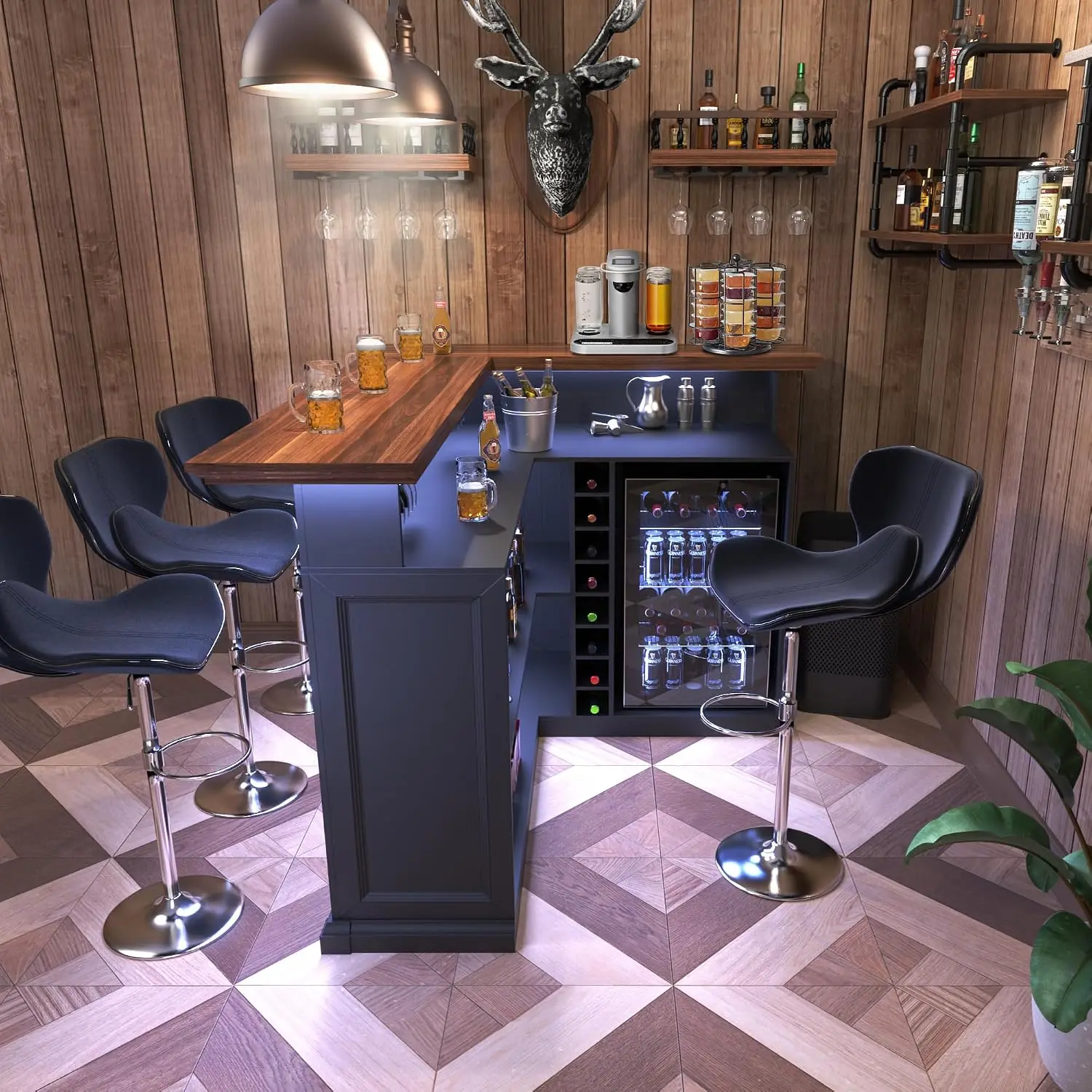 L-Shaped Home Bar Cabinet with Fridge Space, Oversized Basement Bar | Basement & Man Cave Bar, Seats 5+ Guests,, Customized - view 4