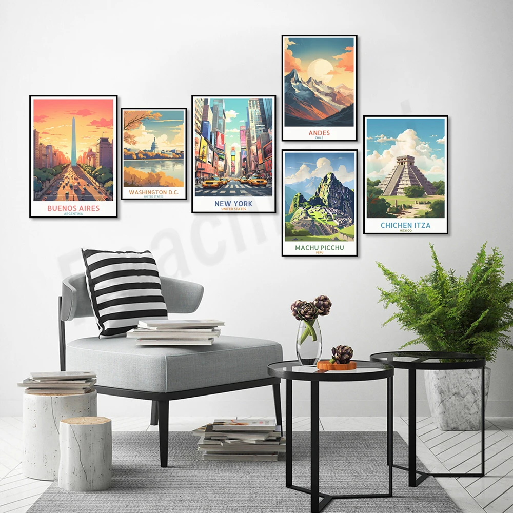 Andes mountains, Havana, Manila, Rio de Janeiro, Peru, Hawaii, Chichen Itza, Argentina, Arizona, Washington DC travel posters