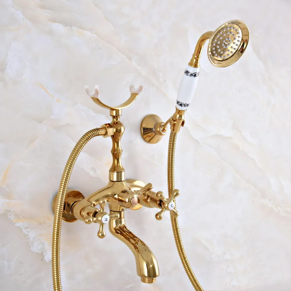 Luxury Gold Color Brass Wall Mount Bathroom Bath Tub Faucet Set WITH/ 1.5M Handheld Shower Spray Head Mixer Tap Dna945