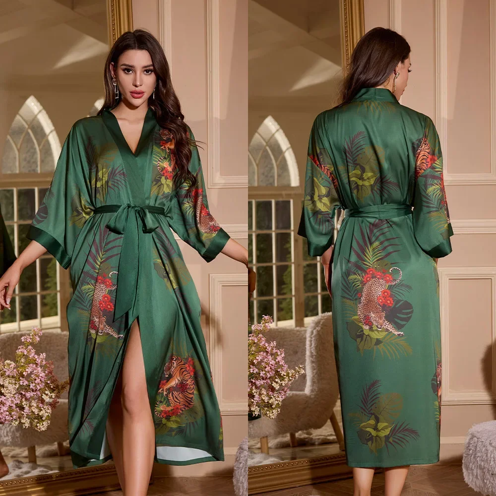 

Green Crane Robe Lady Leisure Kimono Bathrobe Gown Satin Sleepwear Nightwear Print Intimate Lingerie Nightgown Women Loungewear