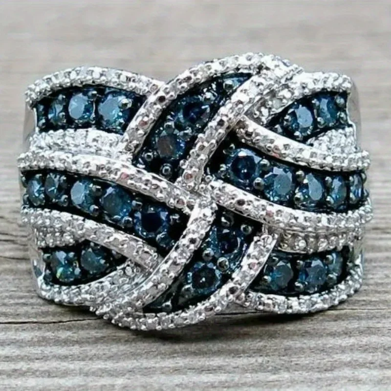 Fashion Dazzle Blue Synthetic Zirconia Woven Design Wide Edged Ring for Women Elegant Luxury Banquet Festival Charm Jewelry Gift