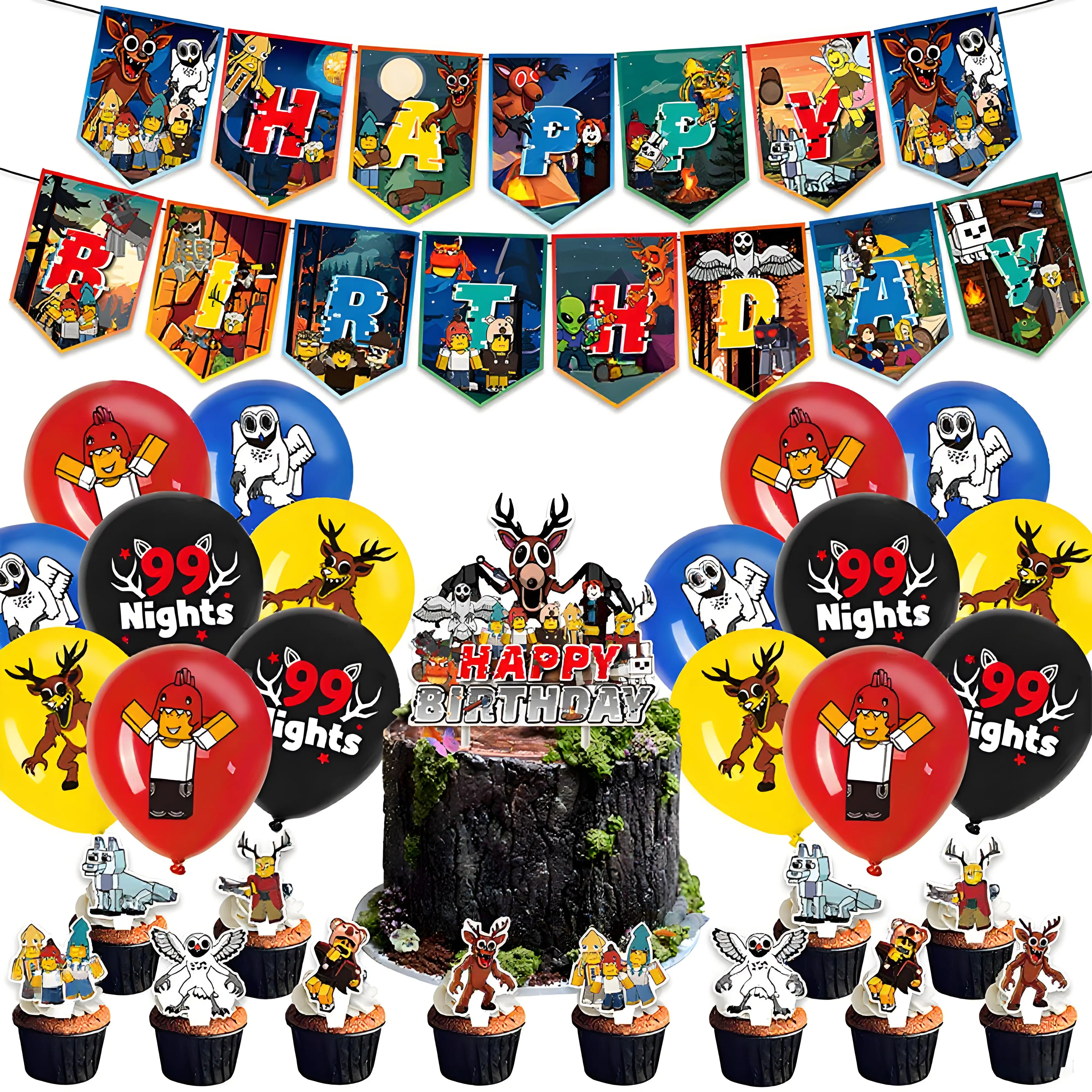 99 Nights In Forest Theme Birthday Party Decoration Set, Banner Balloons Cake Toppers, Kids Birthday Setup Holiday Gift