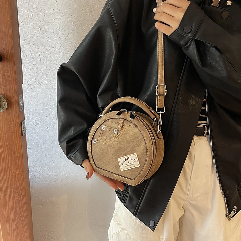 Runde Handtasche Retro Shoudler Taschen für Frauen 2024 Mini kleine Umhängetasche klassische Pu Griff Geldbörse Bolasas runde Einkaufstasche – Detail 5