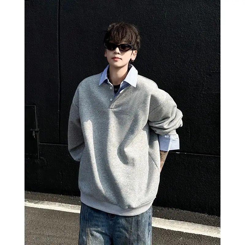 

American Vintage Inspired Two-in-One Shirt Collar Sweatshirt Men's Autumn Loose Casual College Style Long Sleeve Top
