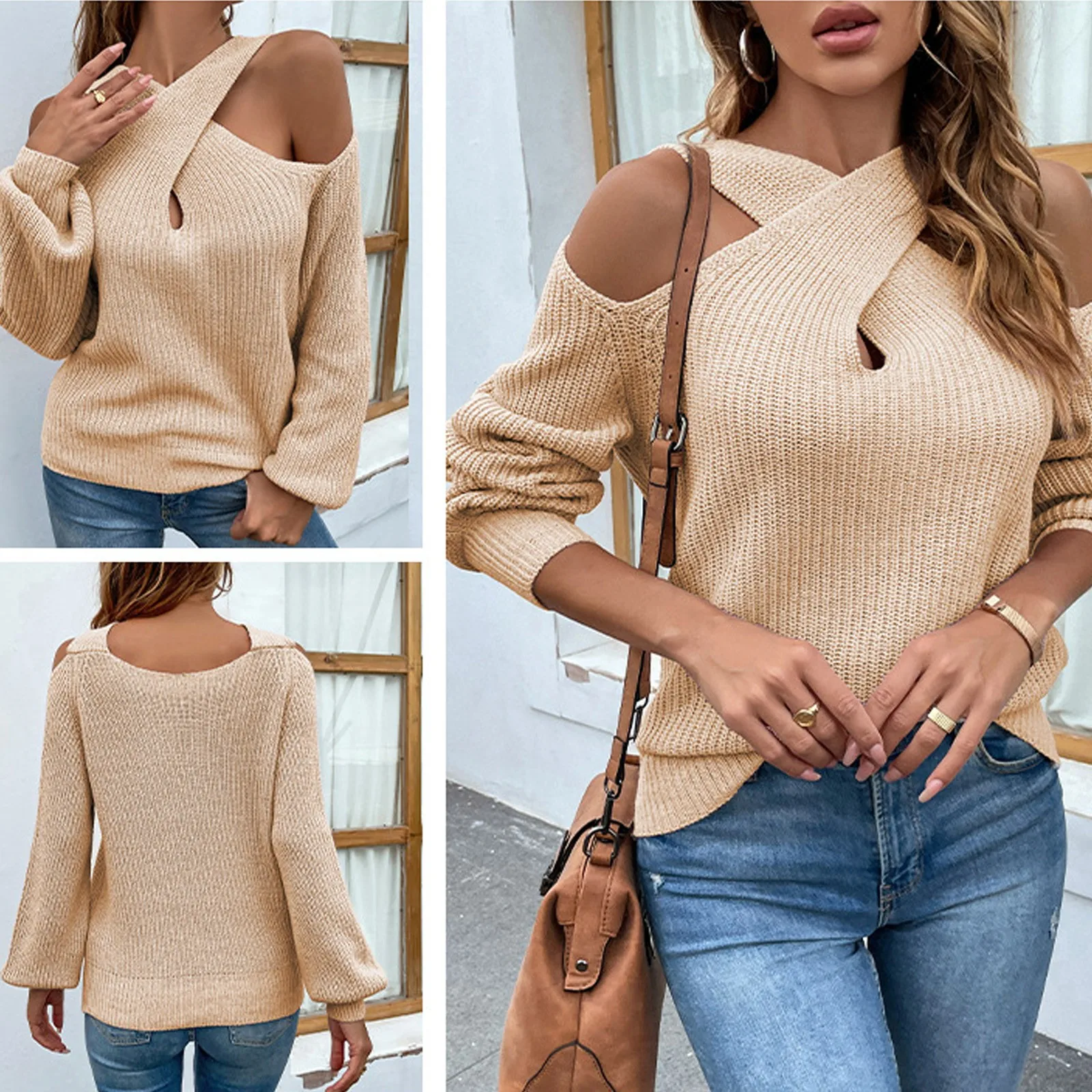 Women\'s autumn and winter solid color cross neck Leaky Shoulder hanging shoulder lantern sleeve knitted sweater Pullovers Winter