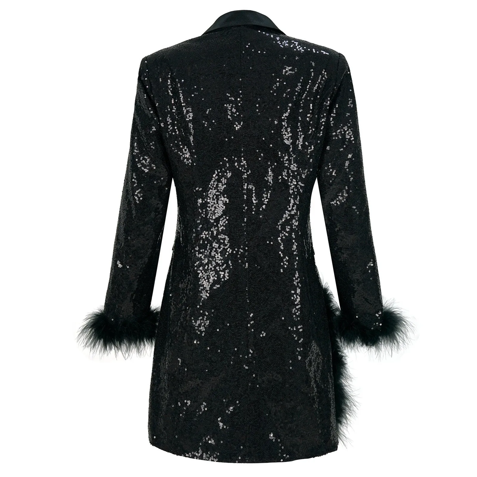 Women's Fashionable And Sexy Solid Color Deep V Long Sleeved Dress With Button Pockets Sequin Feather Party Suit Blazer Dress