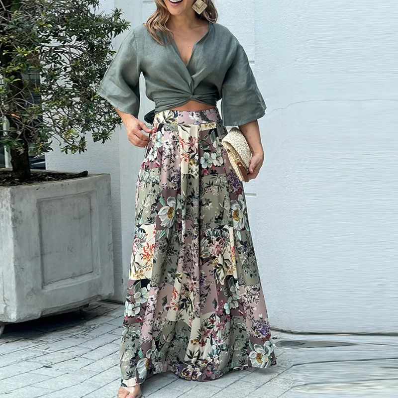 Elegant Floral Print Two Piece Outfits Sexy Lady Twist Knot Belt Tops Shirt& Pleat Pants Sets 2023 Women Half Sleeve Loose Suit