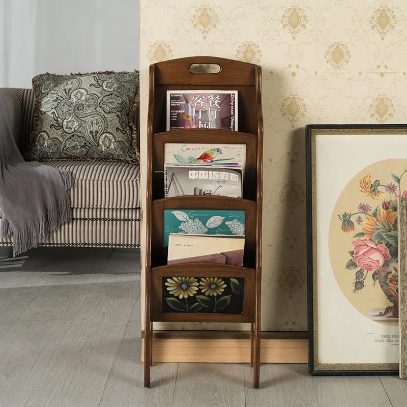 European retro bookshelf, newspaper storage rack, magazine rack display, American painted furniture storage, small bookshelf