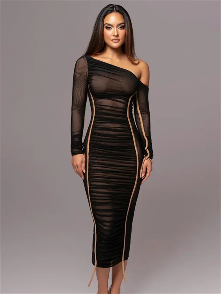 Contrast Stripe Patchwork Dress Women Irregular Diagonal Collar Backless Mesh Full Sleeve Elegant Trend Long Bodycon