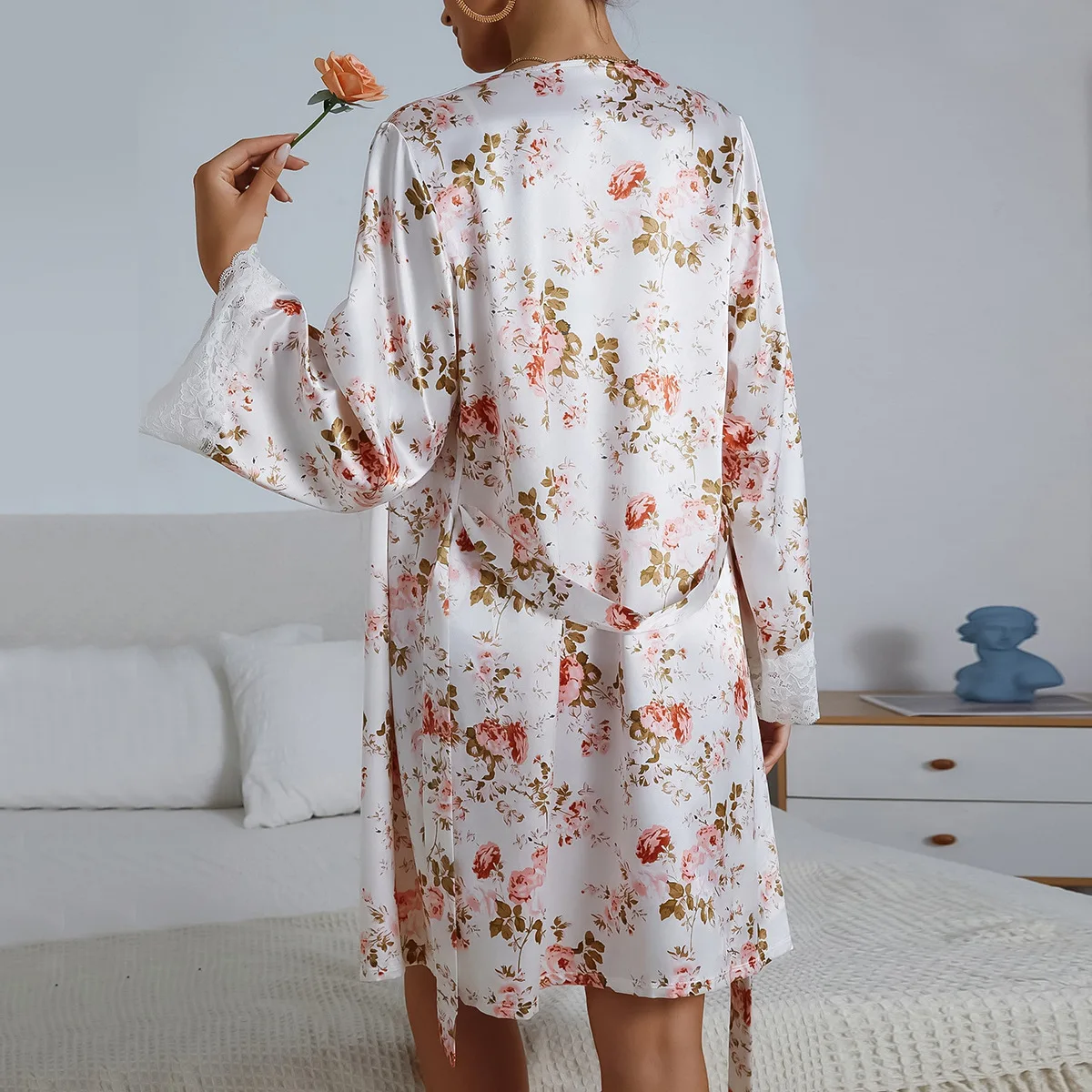 GB50008 Floral Print Belted Satin Robe With Lingerie Set include top bottom robe