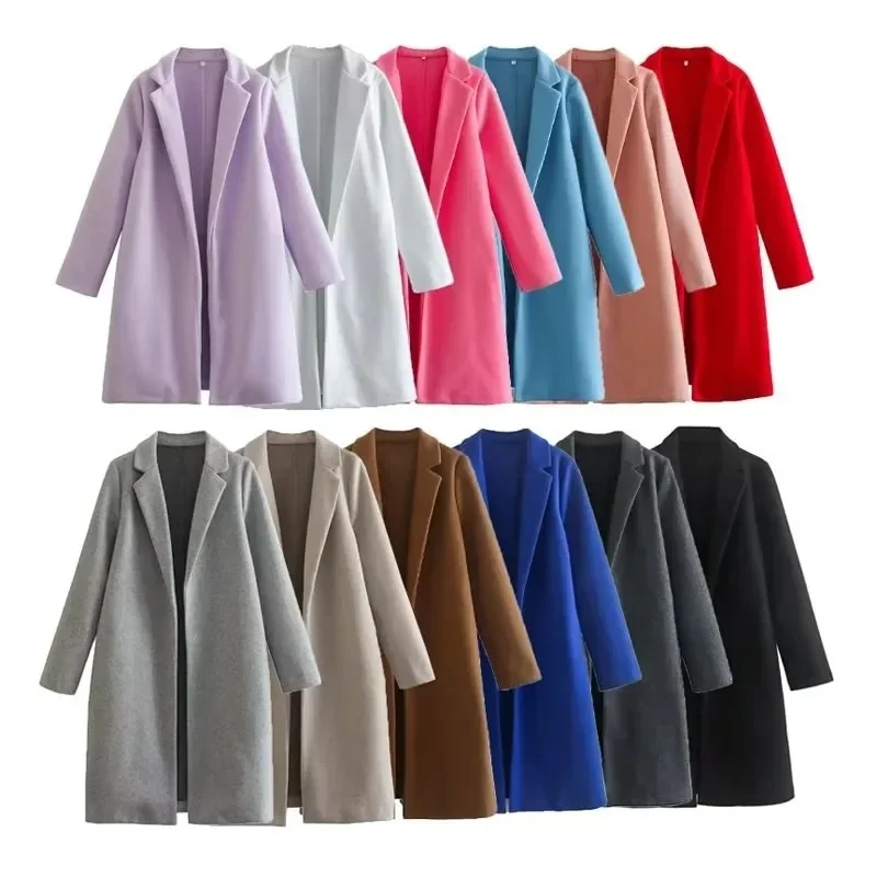 2023 Autumn/Winter New Women's Wear New Fashionable Style Mid length Polo Collar Long Sleeve Open Front Coat Coat