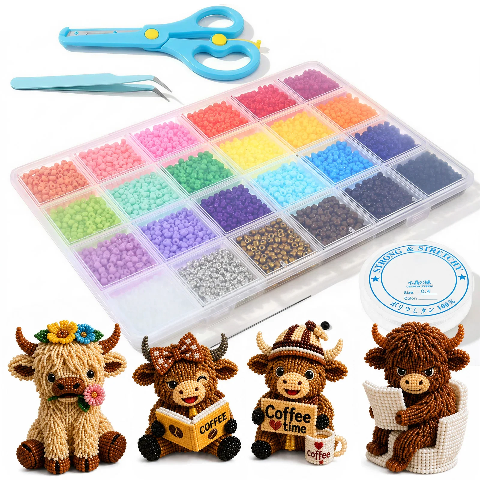 Tiny 3D Beaded Highland Cow DIY Kit 3D Bead Animal Making Kit for Beginner Cute Animal Beading Craft Set with Instruction