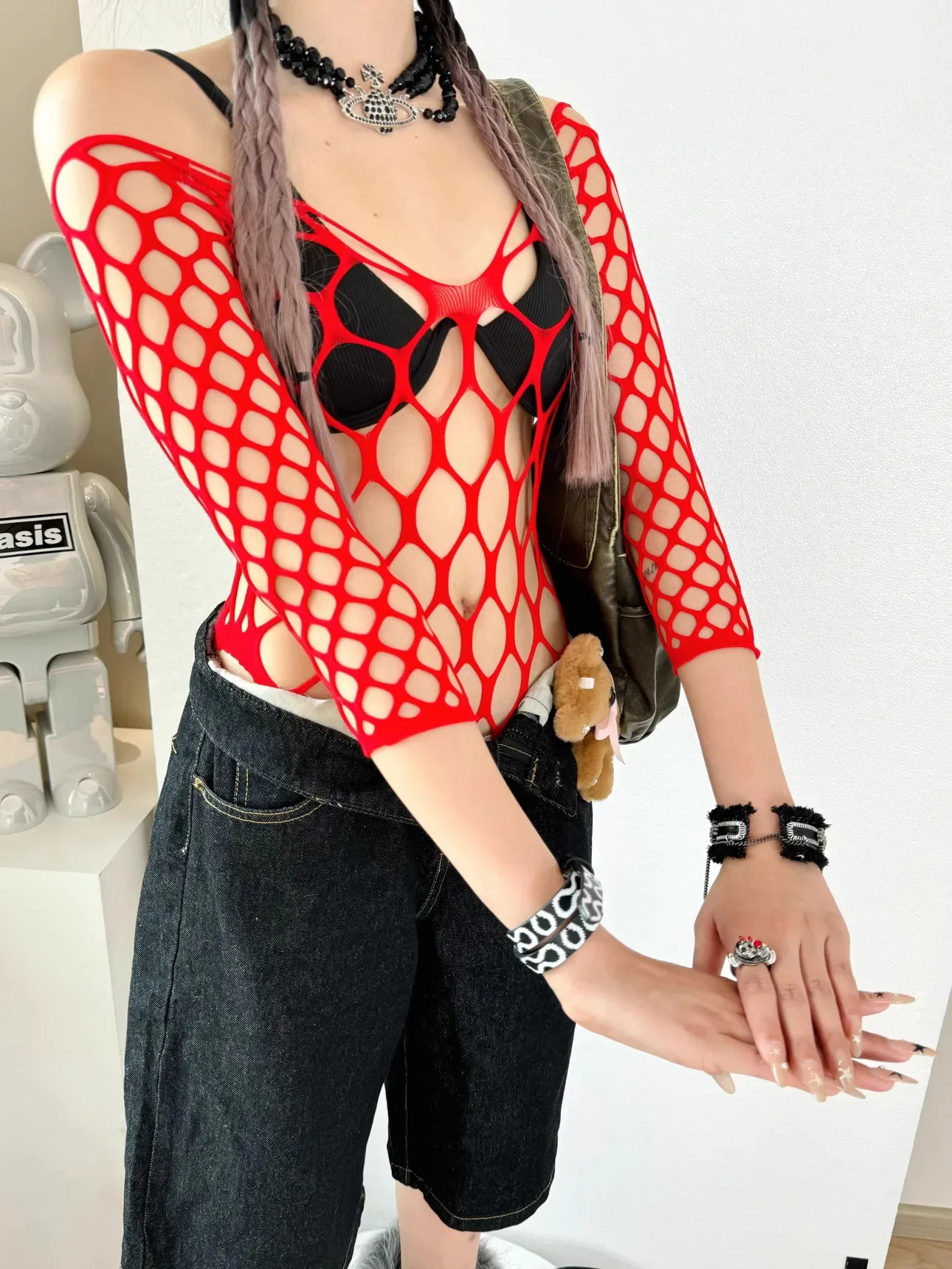 Hollow Out Sexy Bodysuits Techwear Fashion Y2k Patchwork Tops Women Fishnet Backless Slim Bodysuit Sexy Bodysuit Lingerie